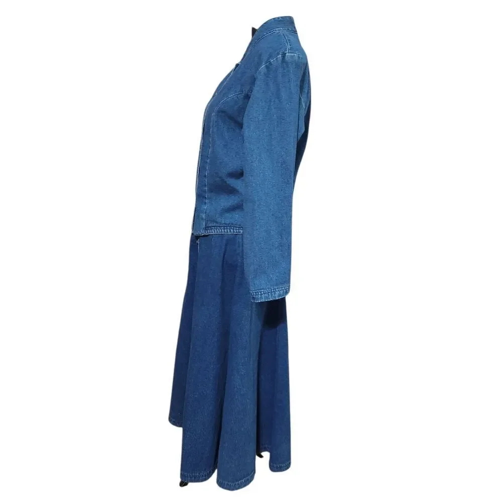 Vintage Waco Denim Outfit Womens Size 4 XS S Blue Jean Long Full Skirt Jacket